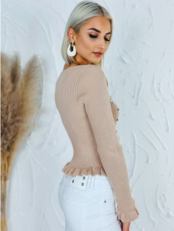 Dámsky úpletový svetrík s kamienkami a volánmi - hnedý