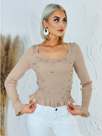 Dámsky úpletový svetrík s kamienkami a volánmi - hnedý