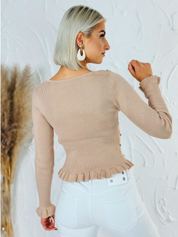 Dámsky úpletový svetrík s kamienkami a volánmi - hnedý