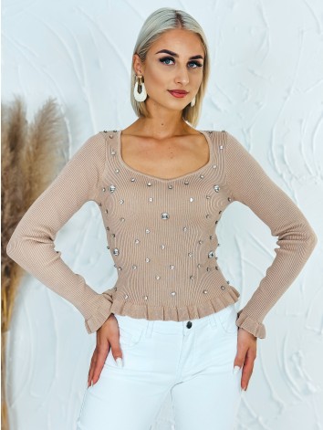 Dámsky úpletový svetrík s kamienkami a volánmi - hnedý