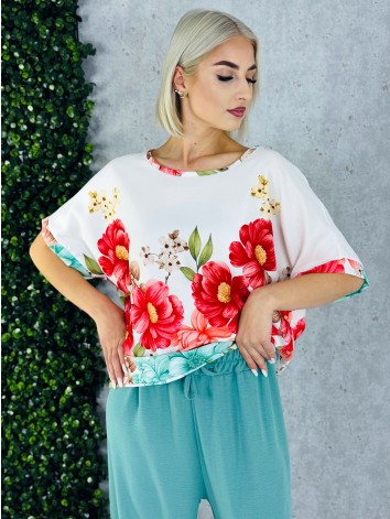 Dámsky zelený letný komplet s kvetmi a širokými nohavicami