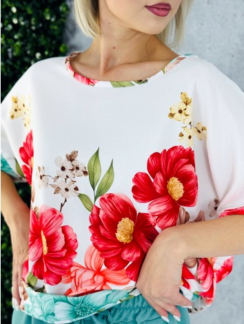 Dámsky zelený letný komplet s kvetmi a širokými nohavicami