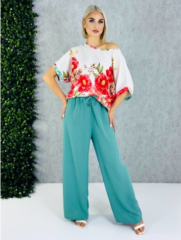 Dámsky zelený letný komplet s kvetmi a širokými nohavicami