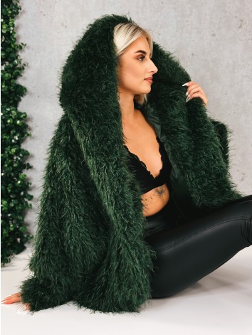 Dámsky zelený ovečkový kožuch s kapucňou Aria