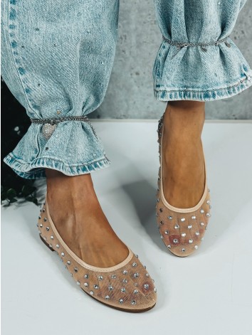 Elegantné dámske béžové baleríny s kamienkami