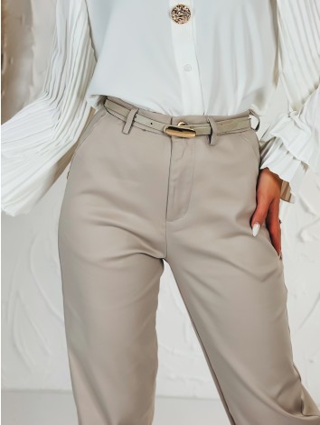 Elegantné elastické dámske béžové nohavice s opaskom