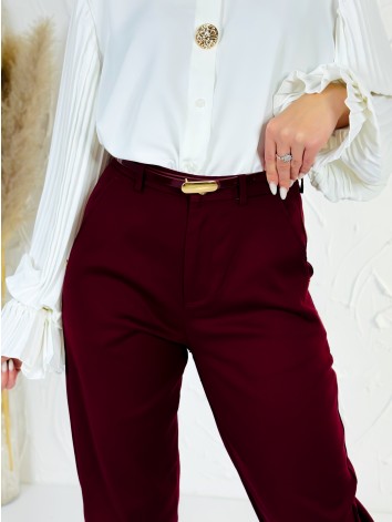 Elegantné elastické dámske bordové nohavice s opaskom