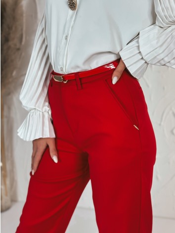 Elegantné elastické dámske červené nohavice s opaskom