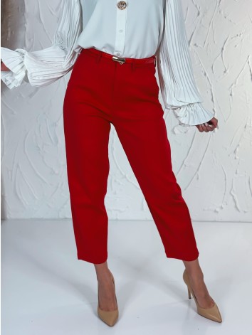 Elegantné elastické dámske červené nohavice s opaskom