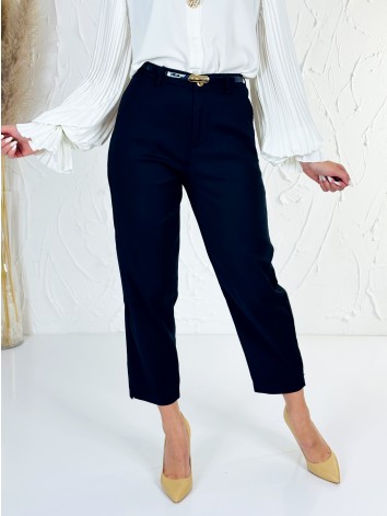 Elegantné elastické dámske tmavomodré nohavice s opaskom