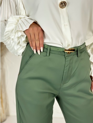 Elegantné elastické dámske zelené nohavice s opaskom