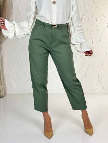 Elegantné elastické dámske zelené nohavice s opaskom