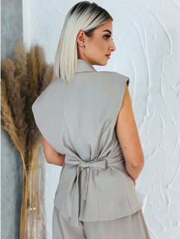 Elegantný béžový dvojdielny kostým vesta + nohavice s gumičkou v páse