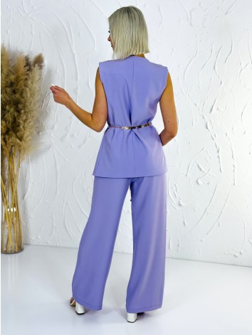 Elegantný fialový dvojdielny kostým s opaskom vesta + nohavice