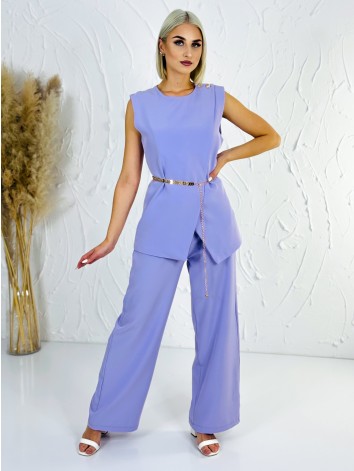 Elegantný fialový dvojdielny kostým s opaskom vesta + nohavice