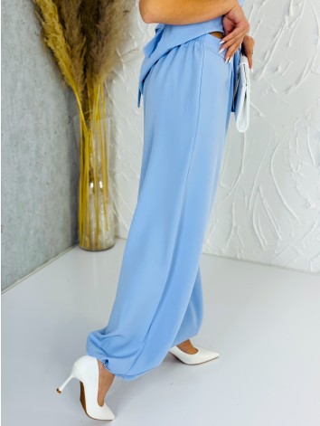 Elegantný modrý dvojdielny kostým vesta + nohavice s gumičkou v páse