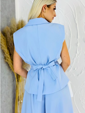 Elegantný modrý dvojdielny kostým vesta + nohavice s gumičkou v páse