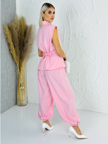 Elegantný ružový dvojdielny kostým vesta + nohavice s gumičkou v páse