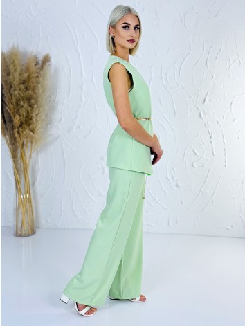 Elegantný zelený dvojdielny kostým s opaskom vesta + nohavice