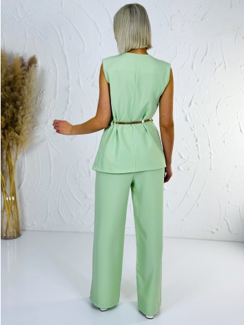 Elegantný zelený dvojdielny kostým s opaskom vesta + nohavice