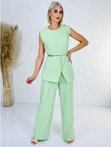 Elegantný zelený dvojdielny kostým s opaskom vesta + nohavice