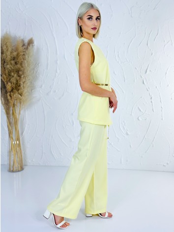 Elegantný žltý dvojdielny kostým s opaskom vesta + nohavice