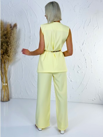 Elegantný žltý dvojdielny kostým s opaskom vesta + nohavice