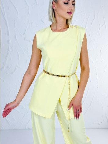 Elegantný žltý dvojdielny kostým s opaskom vesta + nohavice