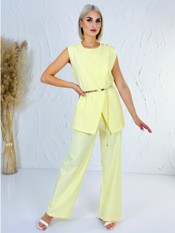 Elegantný žltý dvojdielny kostým s opaskom vesta + nohavice