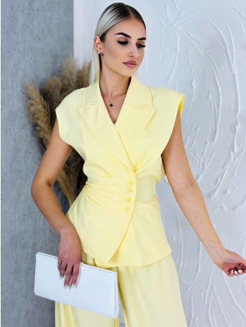 Elegantný žltý dvojdielny kostým vesta + nohavice s gumičkou v páse