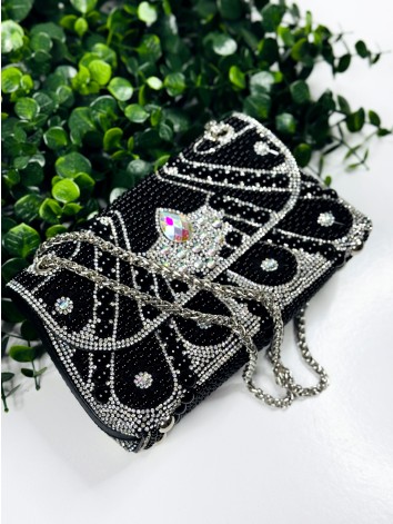 Exkluzívna čierna spoločenská kabelka s ozdobnými kamienkami