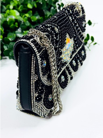 Exkluzívna čierna spoločenská kabelka s ozdobnými kamienkami