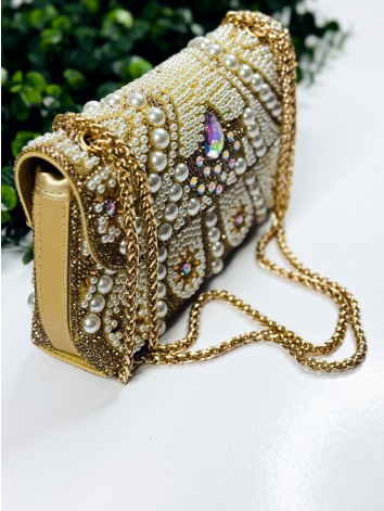 Exkluzívna zlatá spoločenská kabelka s ozdobnými kamienkami