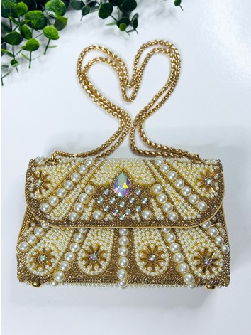 Exkluzívna zlatá spoločenská kabelka s ozdobnými kamienkami