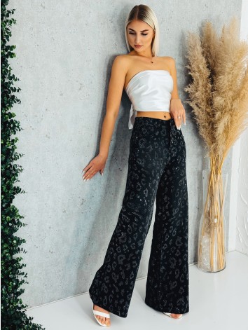 Exkluzívne čierne široké rifle s kamienkami - lesk po celej dĺžke