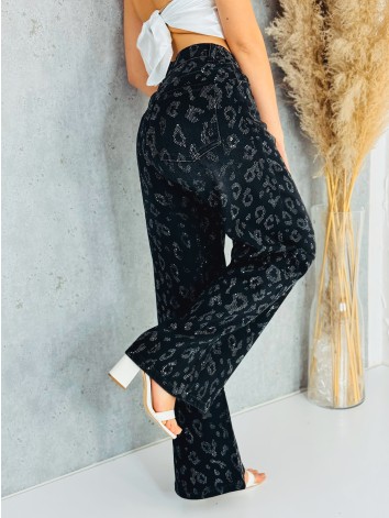 Exkluzívne čierne široké rifle s kamienkami - lesk po celej dĺžke