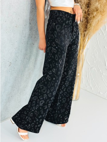 Exkluzívne čierne široké rifle s kamienkami - lesk po celej dĺžke