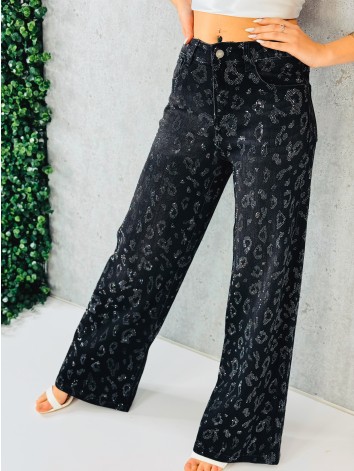 Exkluzívne čierne široké rifle s kamienkami - lesk po celej dĺžke