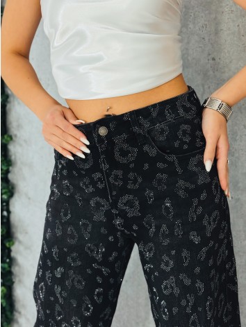 Exkluzívne čierne široké rifle s kamienkami - lesk po celej dĺžke