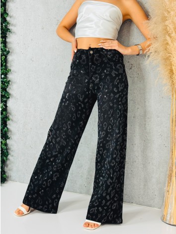 Exkluzívne čierne široké rifle s kamienkami - lesk po celej dĺžke