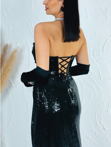 Exkluzívne dámske dlhé čierne spoločenské šaty s flitrami a rozparkom