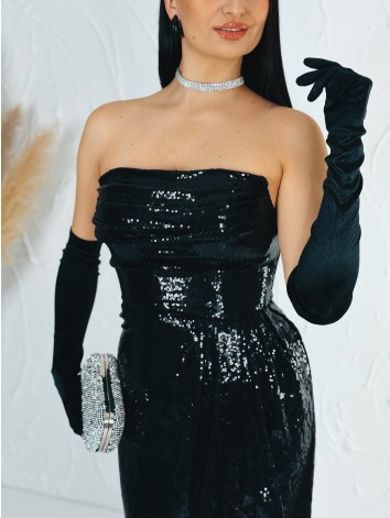 Exkluzívne dámske dlhé čierne spoločenské šaty s flitrami a rozparkom