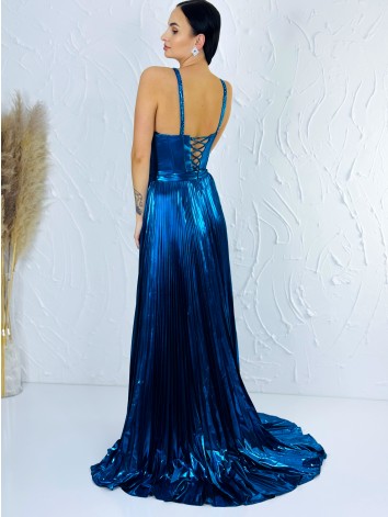 Exkluzívne dámske lesklé plisované spoločenské šaty s rozparkom - modré