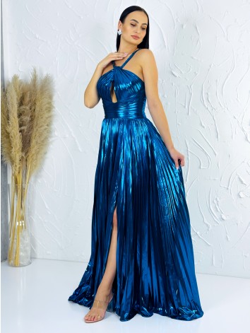 Exkluzívne dámske lesklé plisované spoločenské šaty s rozparkom - modré