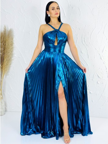 Exkluzívne dámske lesklé plisované spoločenské šaty s rozparkom - modré