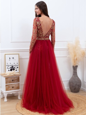 Exkluzívne dlhé bordové dámske spoločenské šaty s odnímateľnou tylovou sukňou