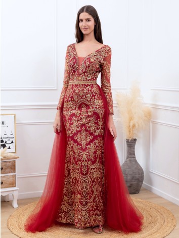 Exkluzívne dlhé bordové dámske spoločenské šaty s odnímateľnou tylovou sukňou