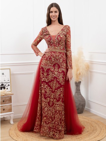 Exkluzívne dlhé bordové dámske spoločenské šaty s odnímateľnou tylovou sukňou