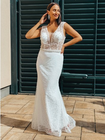 Exkluzívne dlhé dámske spoločenské šaty s odnímateľnou tylovou sukňou - biele BB