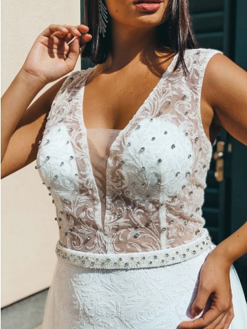 Exkluzívne dlhé dámske spoločenské šaty s odnímateľnou tylovou sukňou - biele BB